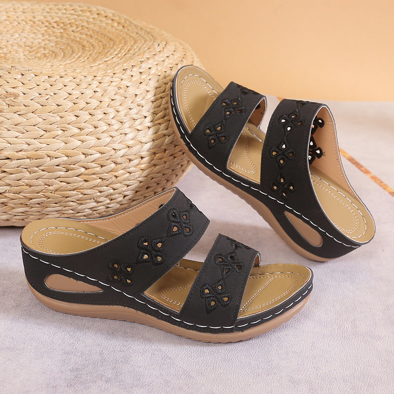 Wedge-heeled Embroidered Round-toe Open-toe Casual Womens Slippers