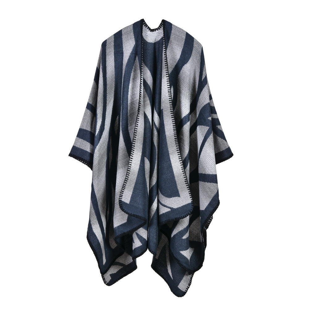 Women's Camouflage Gradient Color Faux Cashmere Split Shawl, Extended Thick Poncho Cape