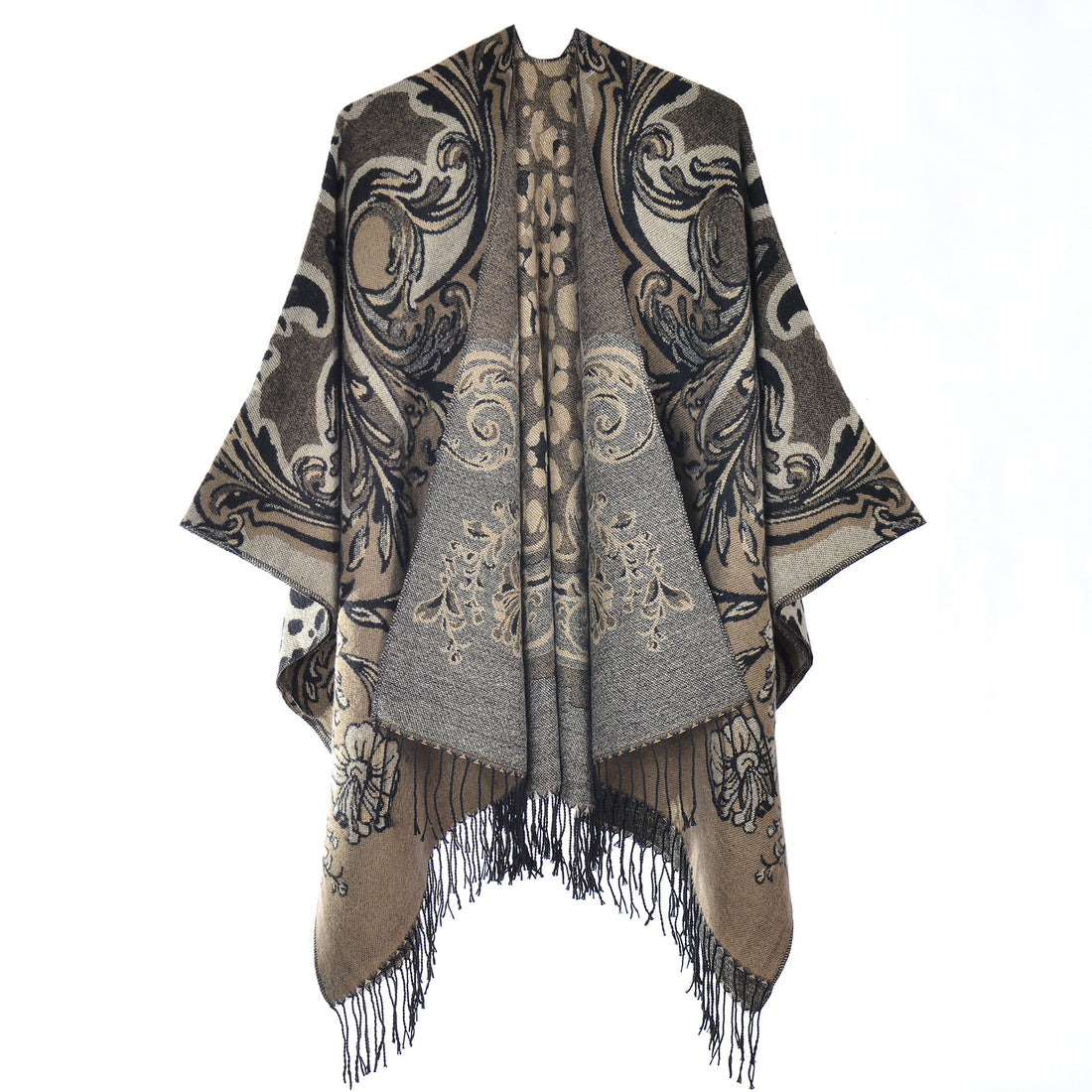 Women's Thick Tassel Jacquard Knit Shawl, Autumn Winter Warm Tassel Scarf Poncho, Stripe Jacquard Fashion