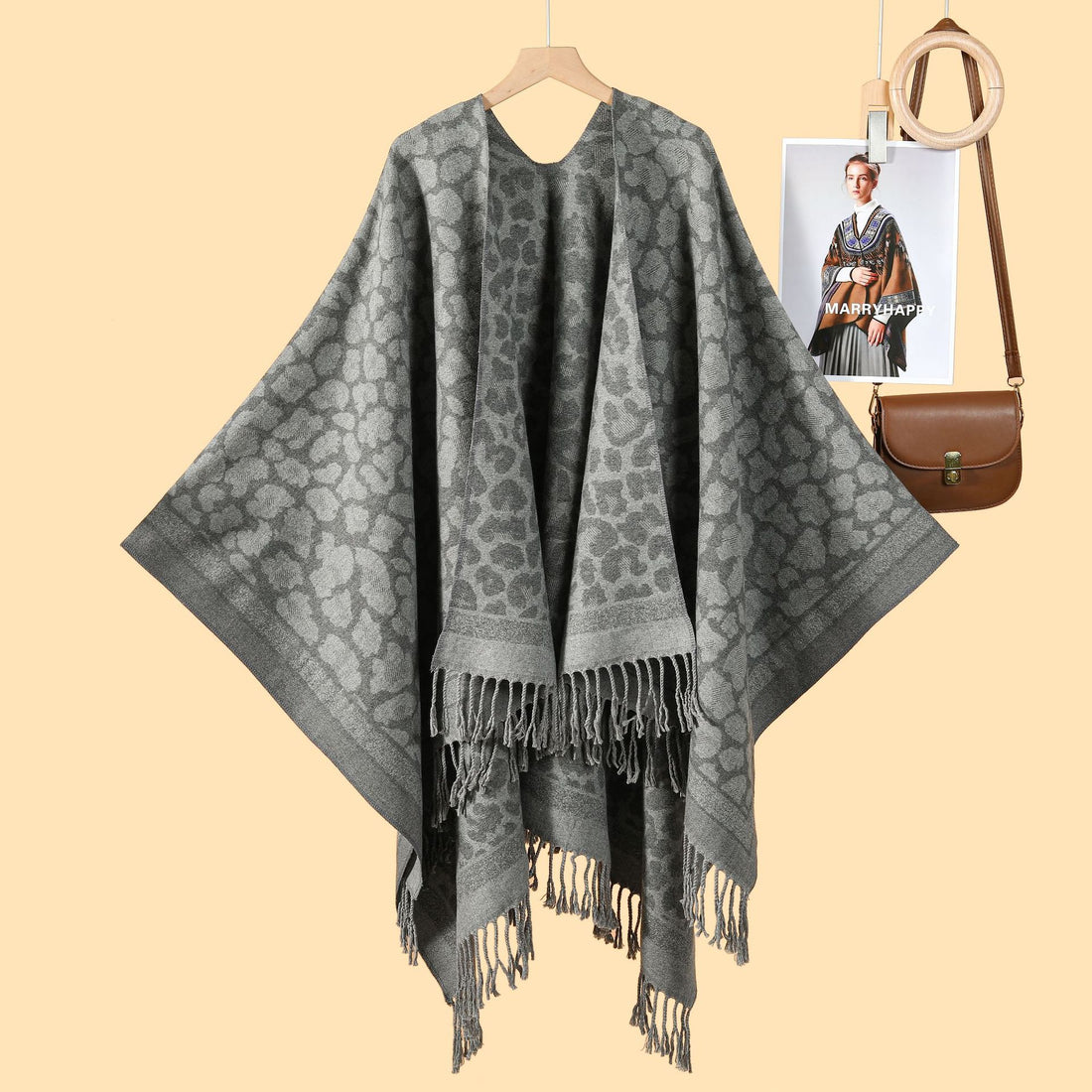 Women's Fashion Classic Leopard Print Tassel Split Shawl, Street Trendy Faux Cashmere Cardigan