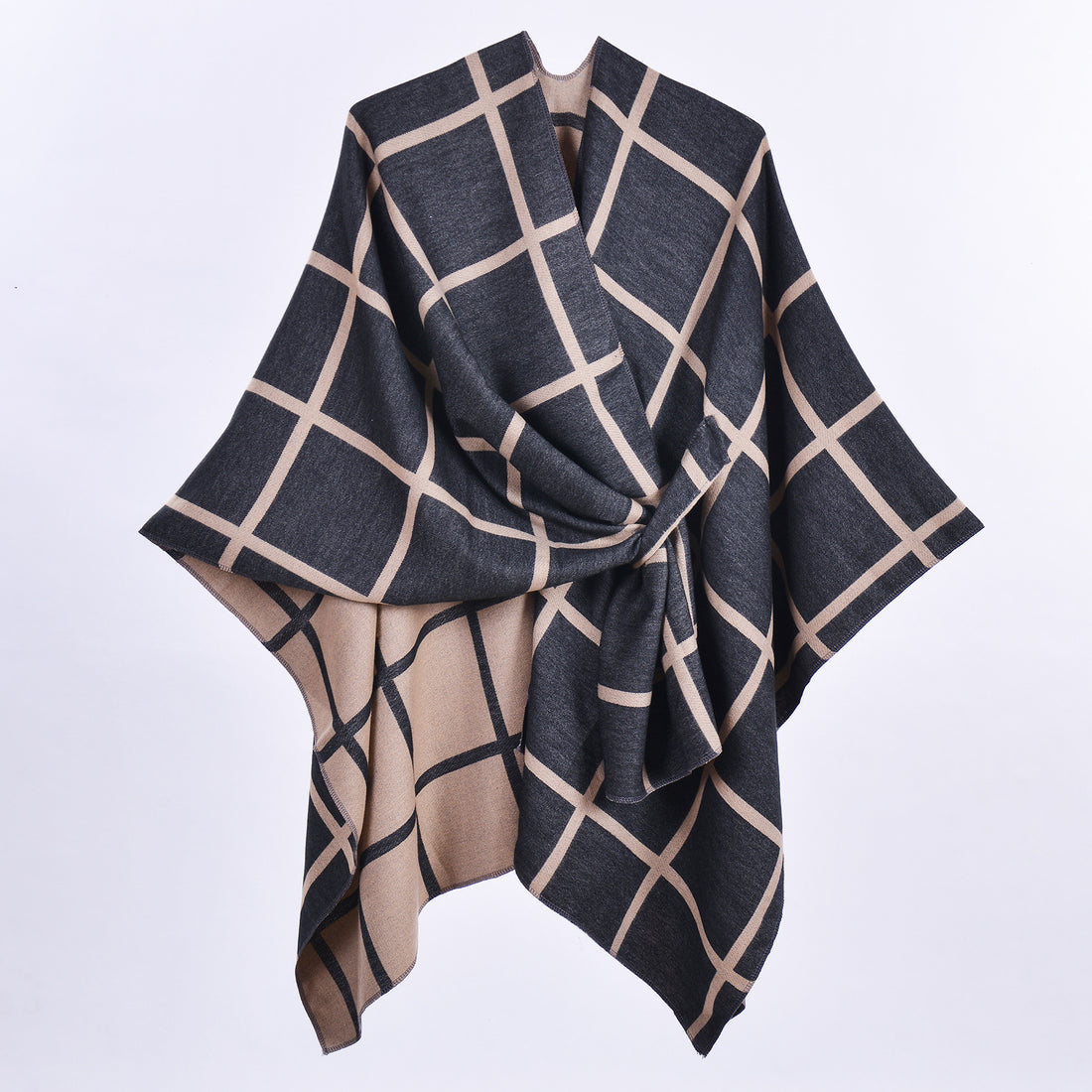 Women's Classic Plaid Belted Shawl, Warm Office Blanket Cardigan Outerwear Scarf For Autumn Winter