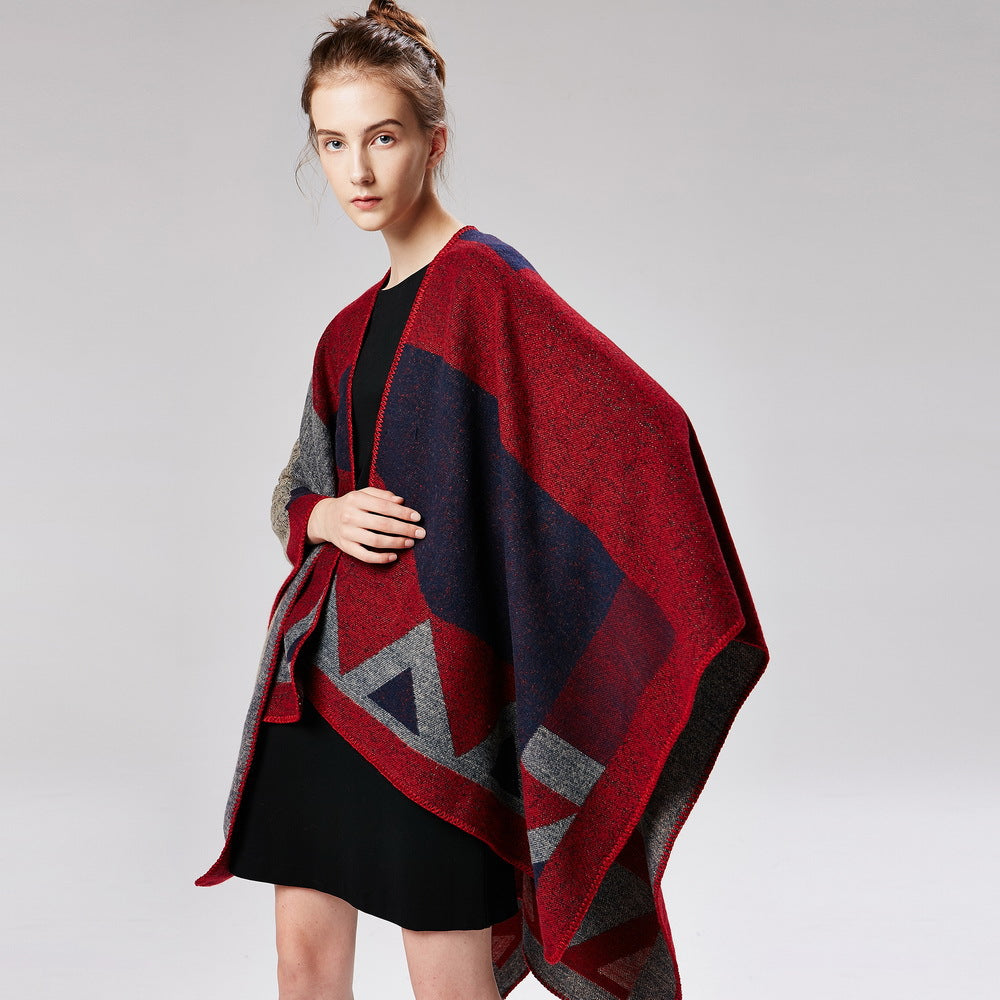 Women's Hooded Solid Tassel Split Shawl, Loose Knit Warm Poncho Cape For Autumn Winter