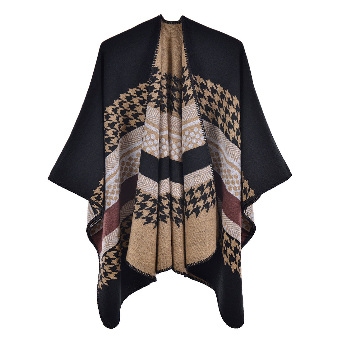 Women's Autumn Winter Vintage Faux Cashmere Shawl, Stripe Houndstooth Fashion Warm Split Poncho Scarf