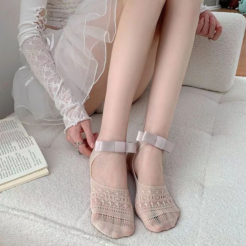 Womens Summer Thin Hollow-out Ankle Socks With Bow Non-slip And Secure Fit
