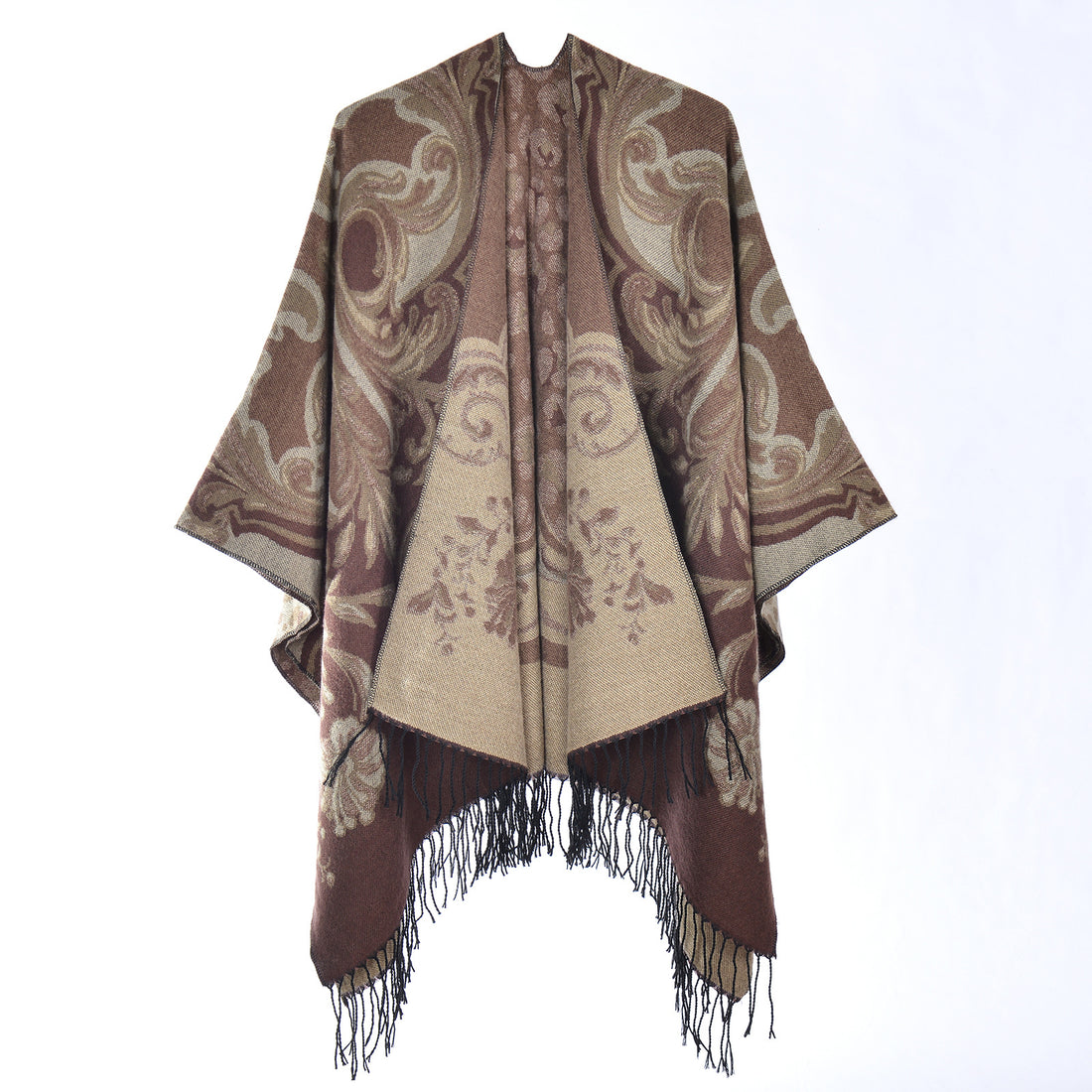 Women's Thick Tassel Jacquard Knit Shawl, Autumn Winter Warm Tassel Scarf Poncho, Stripe Jacquard Fashion