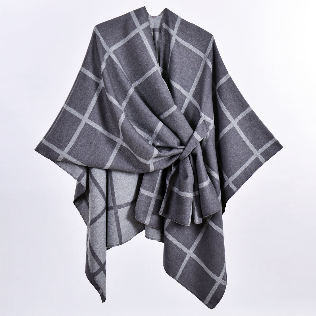 Women's Classic Plaid Belted Shawl, Warm Office Blanket Cardigan Outerwear Scarf For Autumn Winter