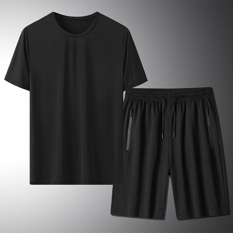 Outdoor Summer Short-sleeved Suit Male Ice Silk T-shirt Five-point Pants Sports Shorts Men's Breathable Short Set Two-piece Tide