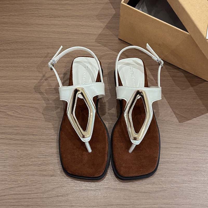 French Minimalist Designer Platform Sandals For Women, 2026 Summer New Wedge Heel Metal Buckle Toe Loop Roman Shoes
