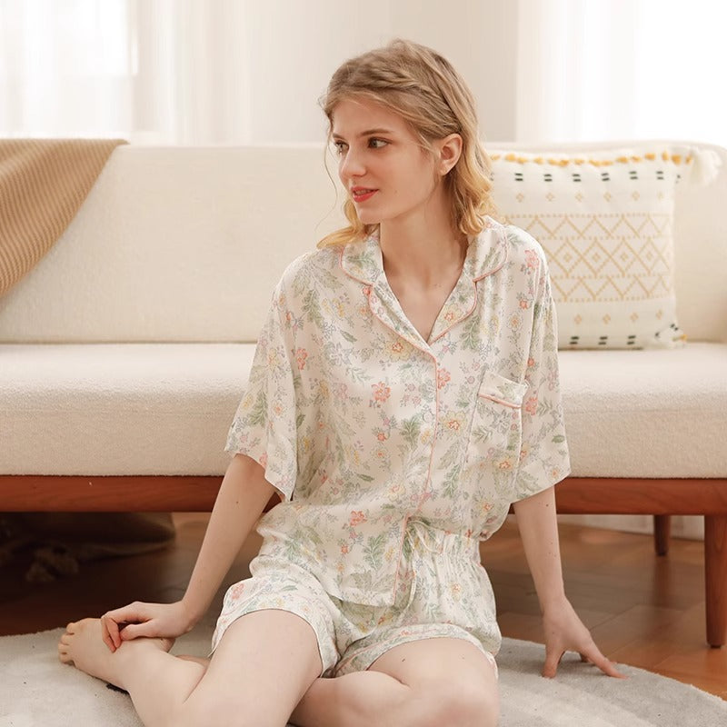 Pajamas Floral Homewear Short Sleeve Shorts Two-piece Set