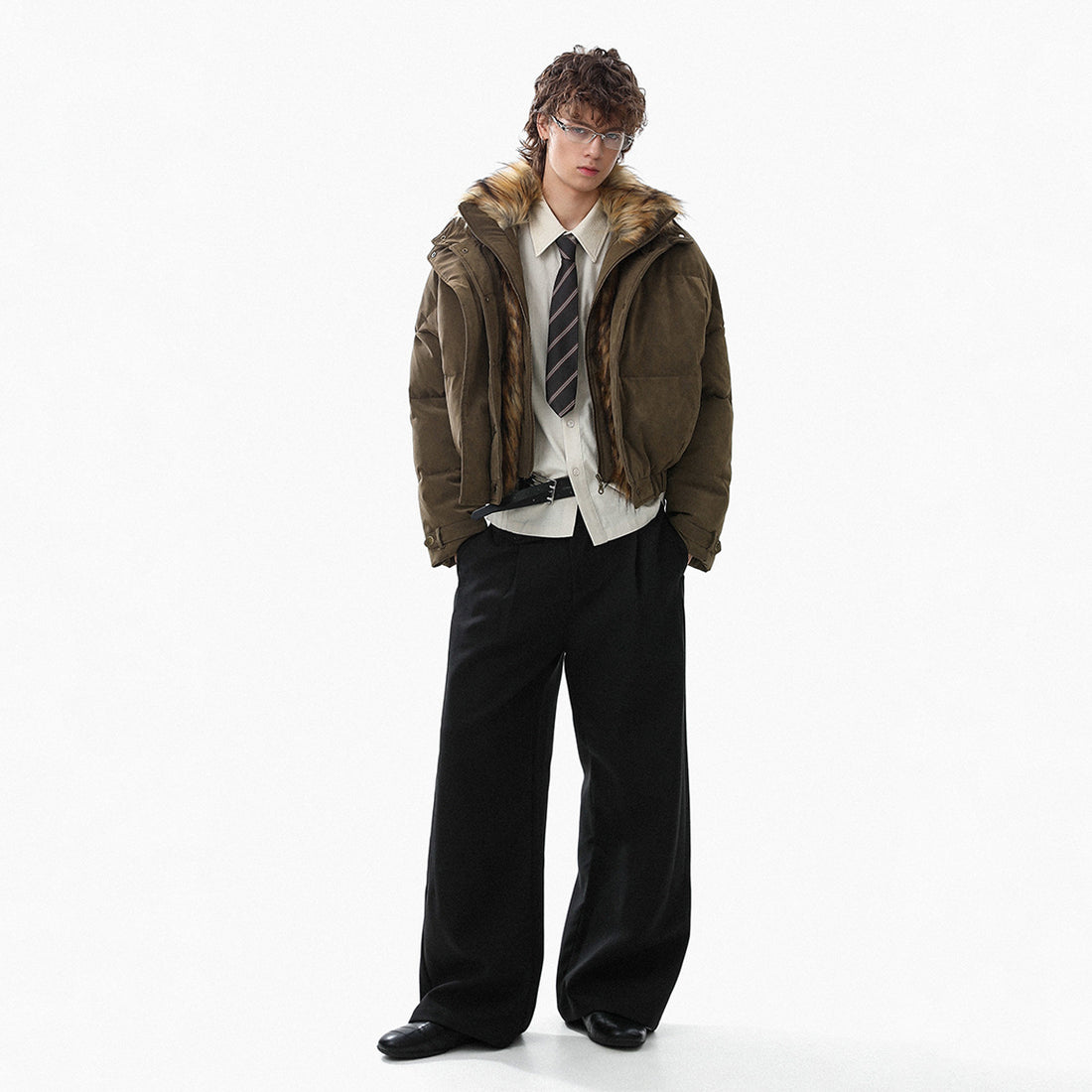 Men's Zhu Shan Diao PU Leather Jacket Puffer Jacket Fur-collar Coat Faux Two-piece Cotton