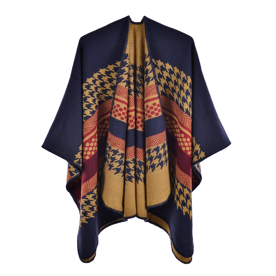 Women's Autumn Winter Vintage Faux Cashmere Shawl, Stripe Houndstooth Fashion Warm Split Poncho Scarf