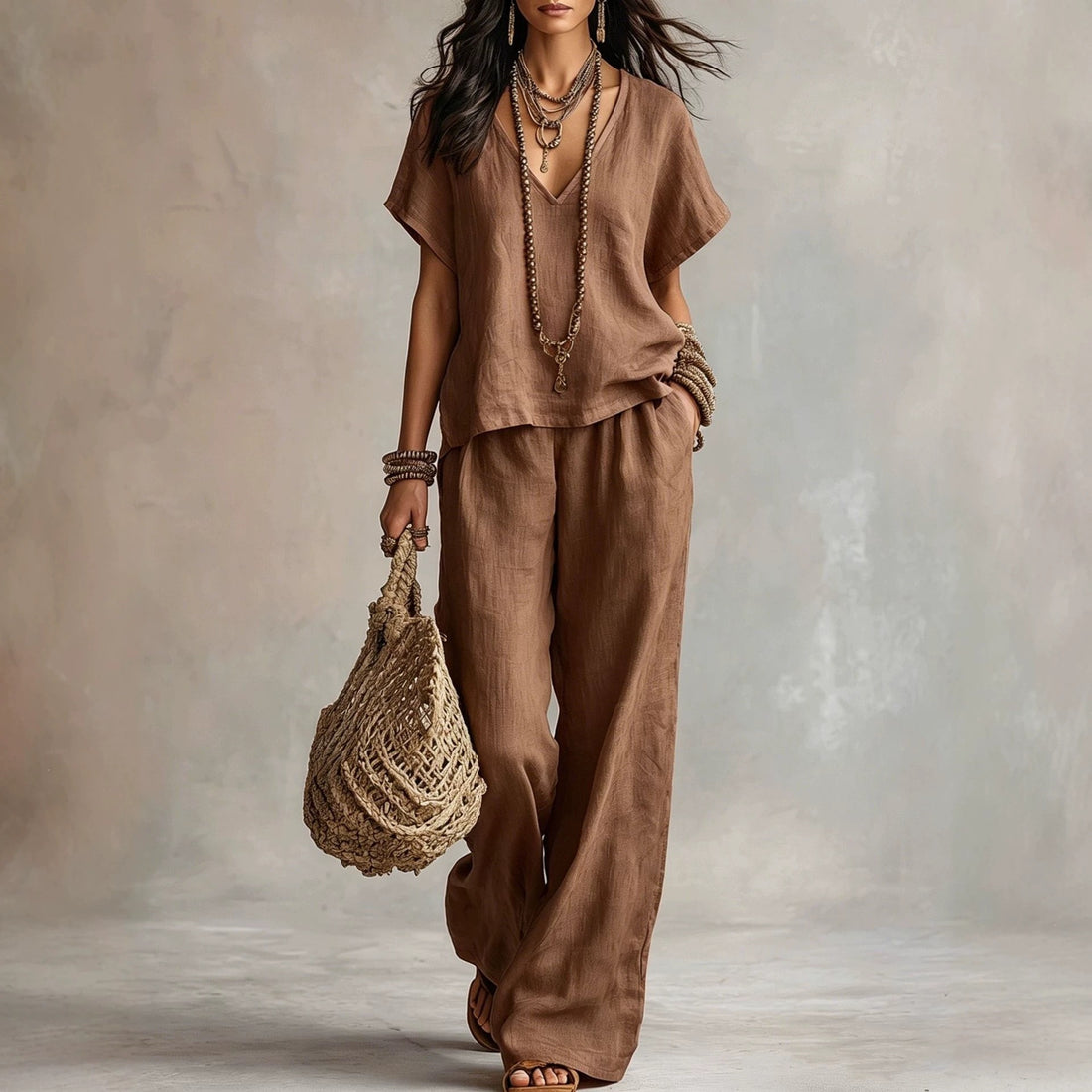 Women's Fashion Casual Solid Color V Neck Loose Short Sleeve And Casual Trousers Two Piece Set