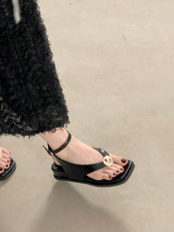 Women's Vintage Metal Buckle Thong Roman Sandals, 2026 Summer Square Toe Flat Wedge Casual Beach Shoes