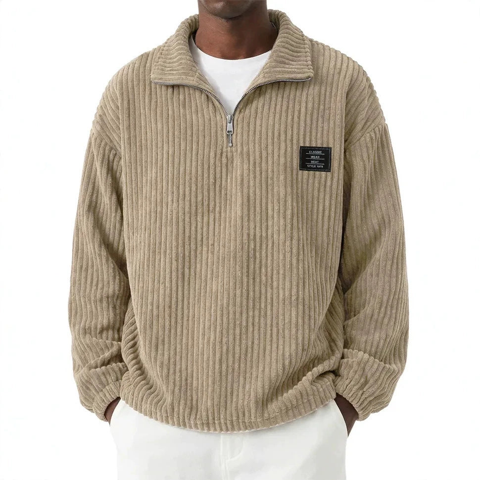 Embroidered Corduroy Long-sleeve Polo Sweatshirt