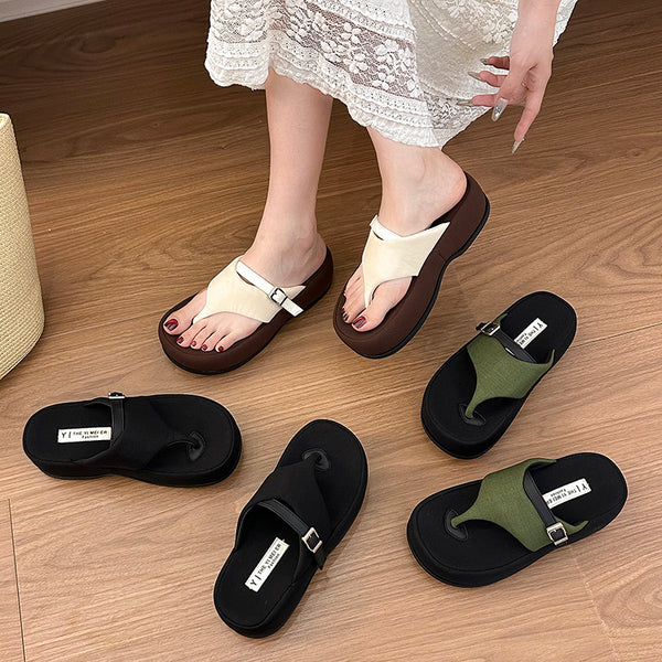 Women Minimalist Adjustable Metal Buckle Fabric Thong Platform Flip Flops, Open Toe Slip Summer Beach Resort Outdoor Casual Slippers