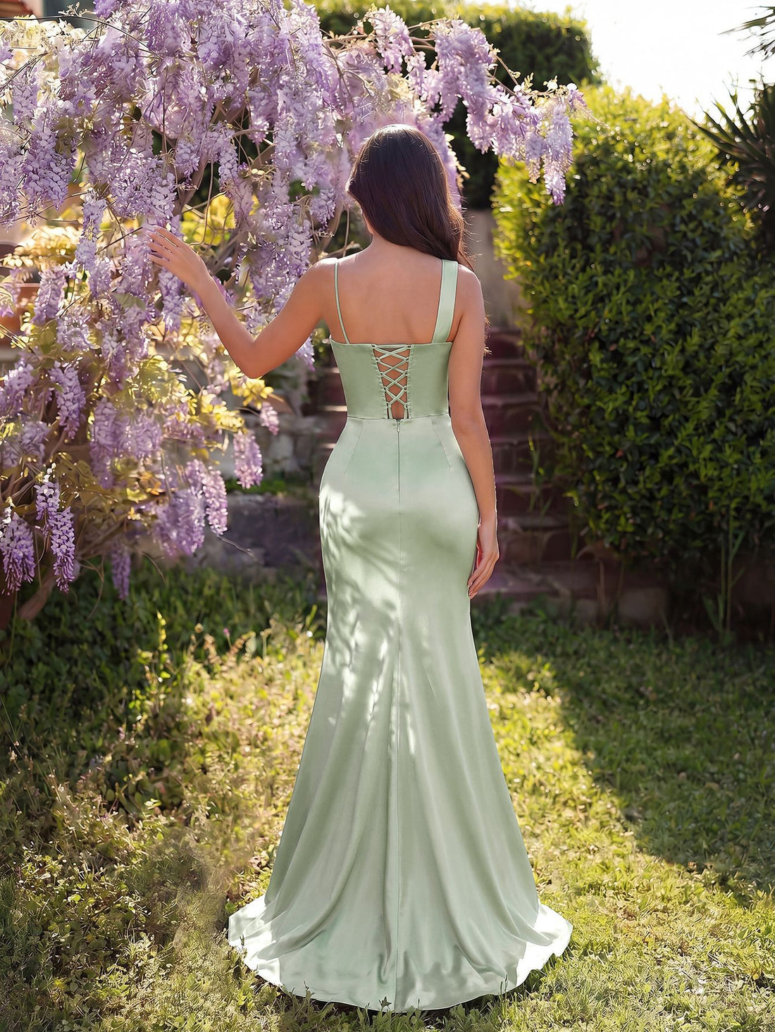 Sage Green Asymmetrical Draped Corset High Slit Satin Mermaid Evening Gown