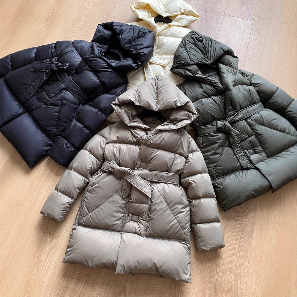 White Duck Down Coat Women's Mid-length Fashionable Tie-waist Thickened Puffer Jacket