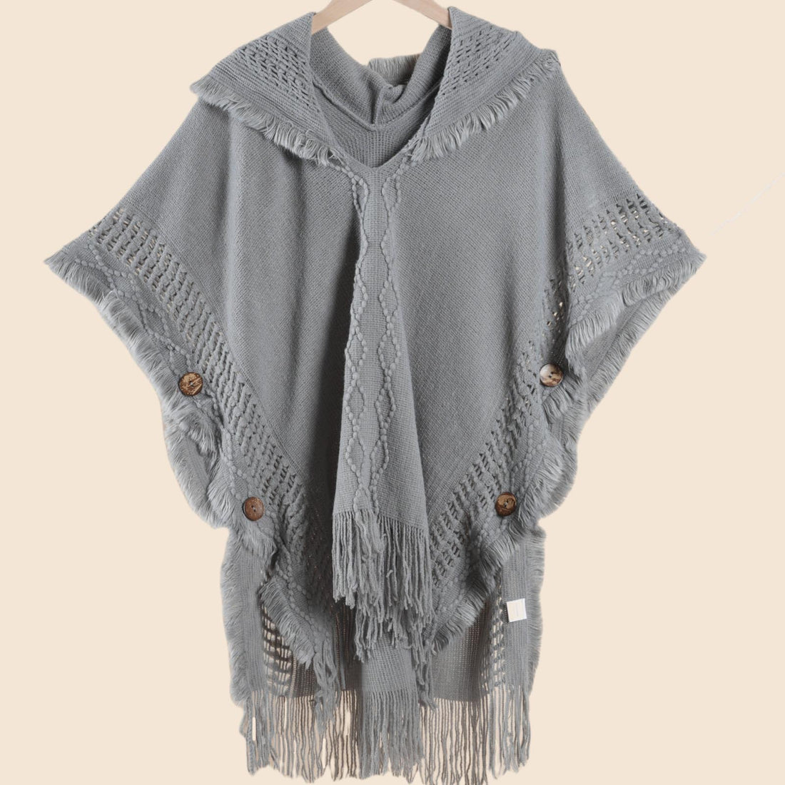 Women's Autumn Winter Knit Travel Shawl, Button Tassel Hooded Knit Shawl Top