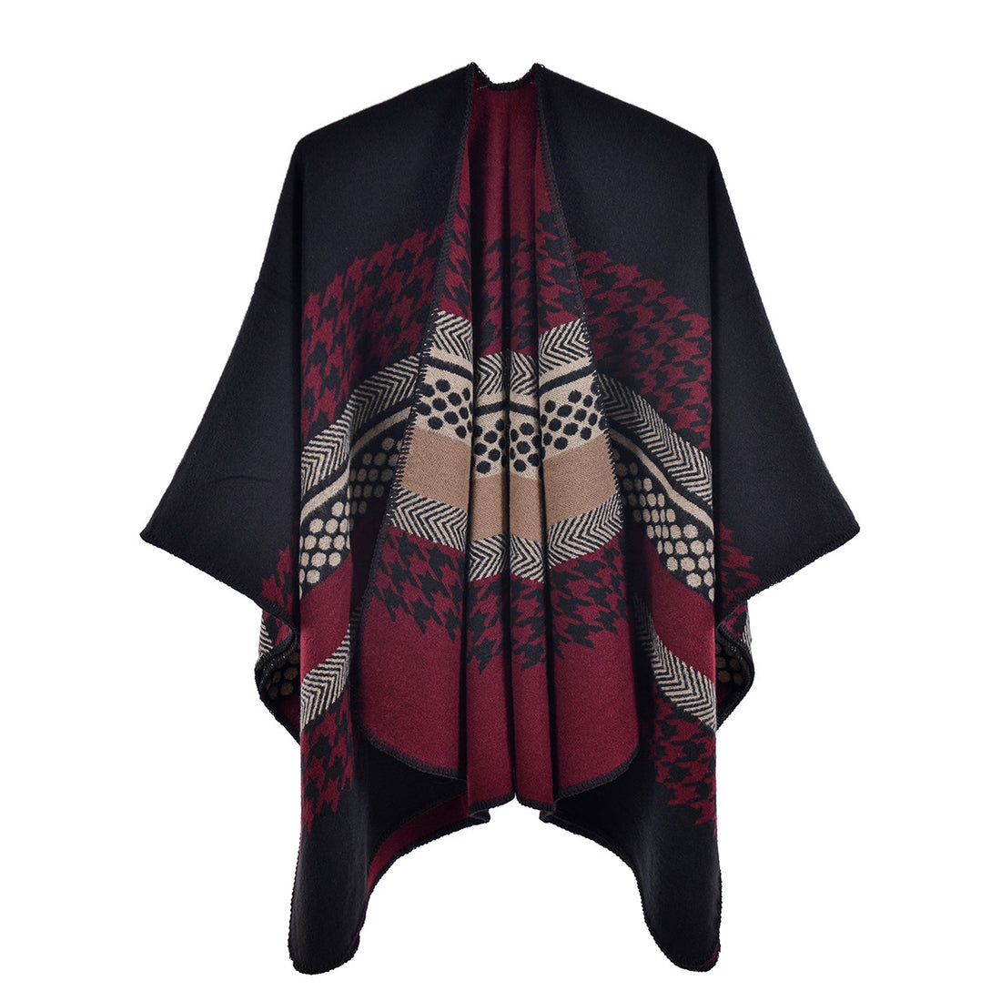 Women's Autumn Winter Vintage Faux Cashmere Shawl, Stripe Houndstooth Fashion Warm Split Poncho Scarf