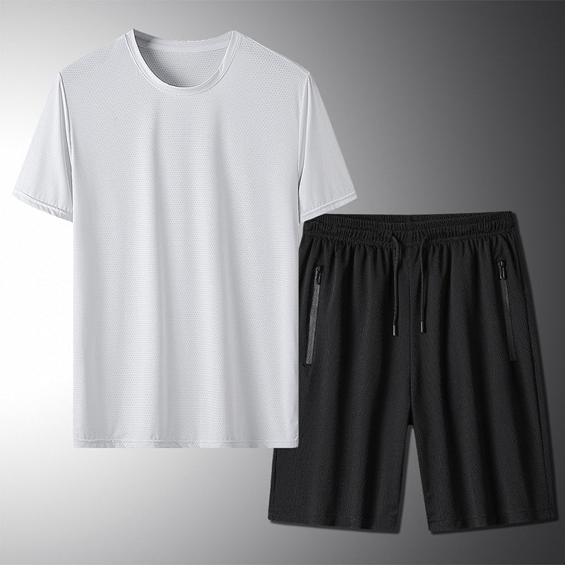Outdoor Summer Short-sleeved Suit Male Ice Silk T-shirt Five-point Pants Sports Shorts Men's Breathable Short Set Two-piece Tide