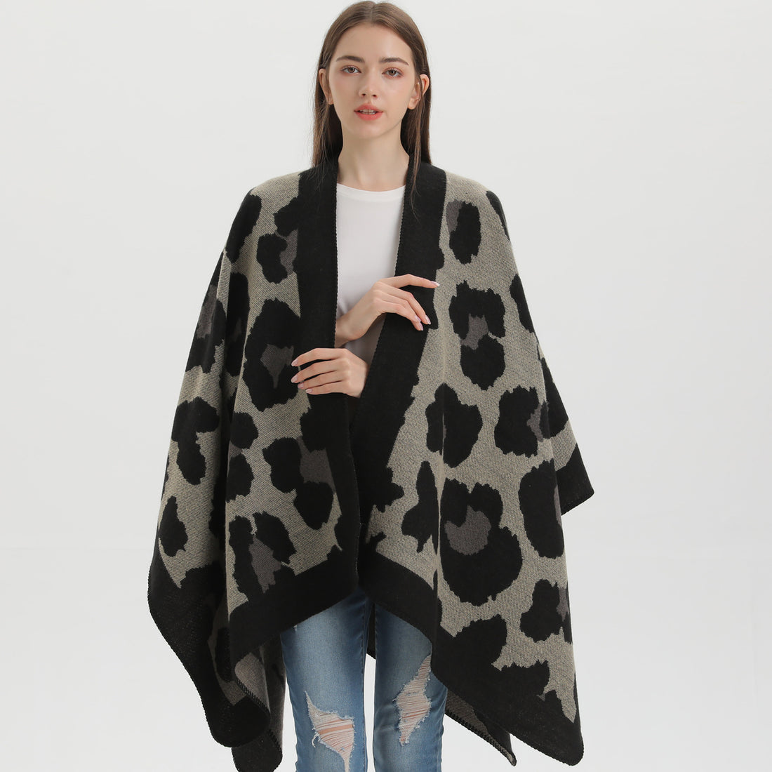 Women's Double-Sided Solid Split Shawl, Minimalist Faux Cashmere Belted Poncho Cape For Autumn Winter