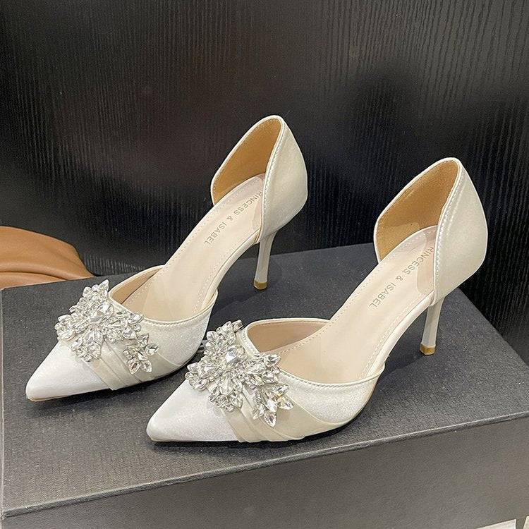Women Satin Pointed Toe Stiletto High Heels Rhinestone Floral Crystal Embellished Cutout Pumps Elegant Ivory Bridal Shoes For Wedding Prom Evening Party