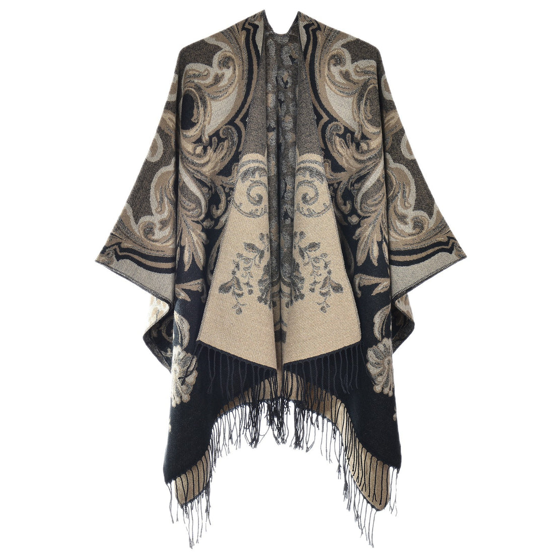 Women's Thick Tassel Jacquard Knit Shawl, Autumn Winter Warm Tassel Scarf Poncho, Stripe Jacquard Fashion