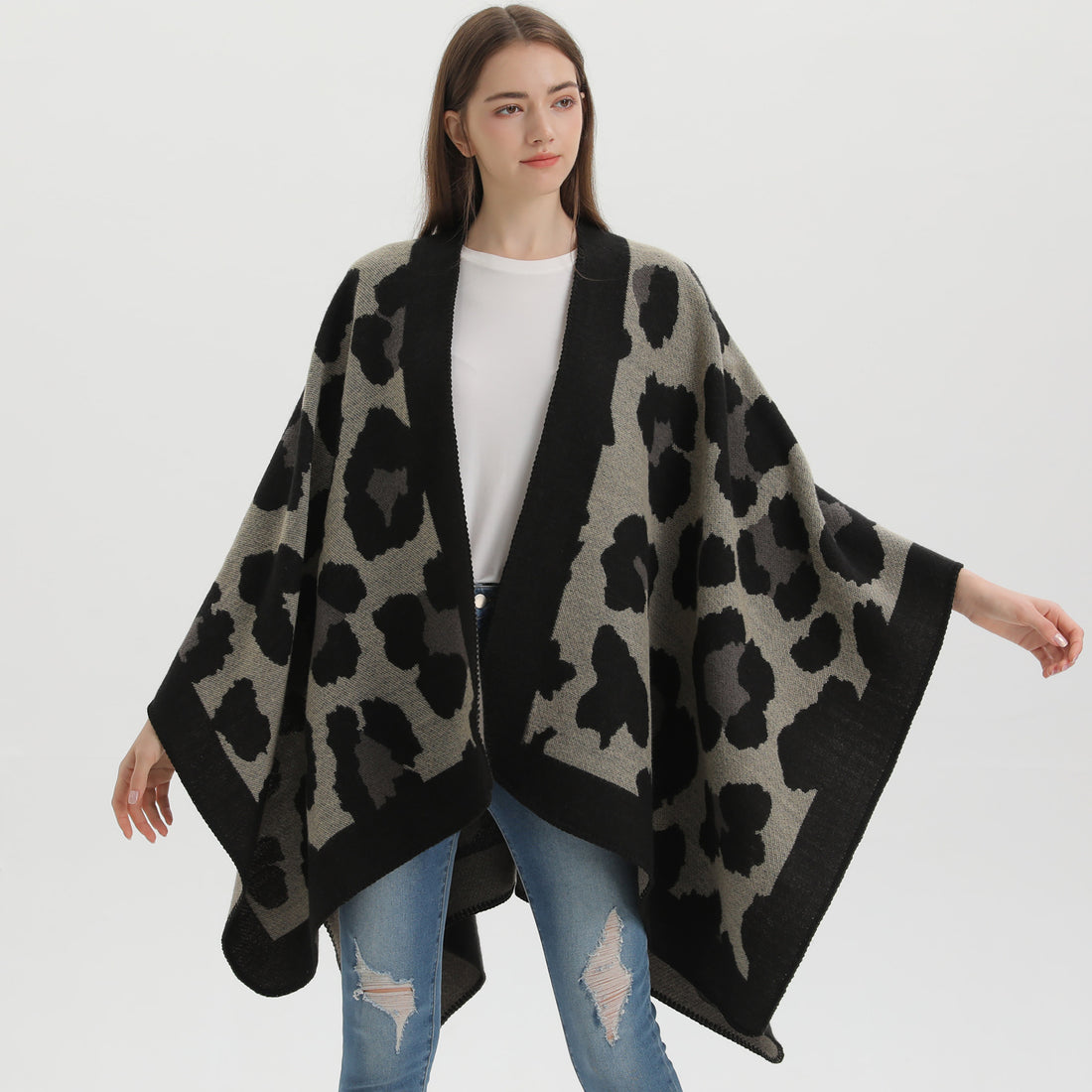 Women's Double-Sided Solid Split Shawl, Minimalist Faux Cashmere Belted Poncho Cape For Autumn Winter