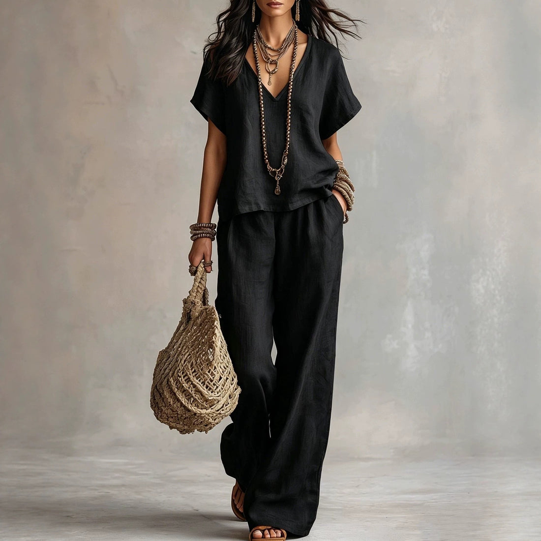 Women's Fashion Casual Solid Color V Neck Loose Short Sleeve And Casual Trousers Two Piece Set