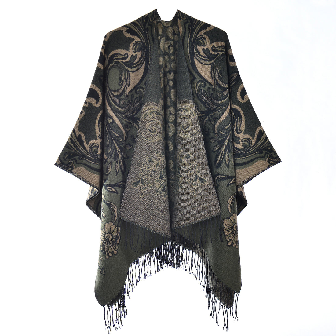 Women's Thick Tassel Jacquard Knit Shawl, Autumn Winter Warm Tassel Scarf Poncho, Stripe Jacquard Fashion