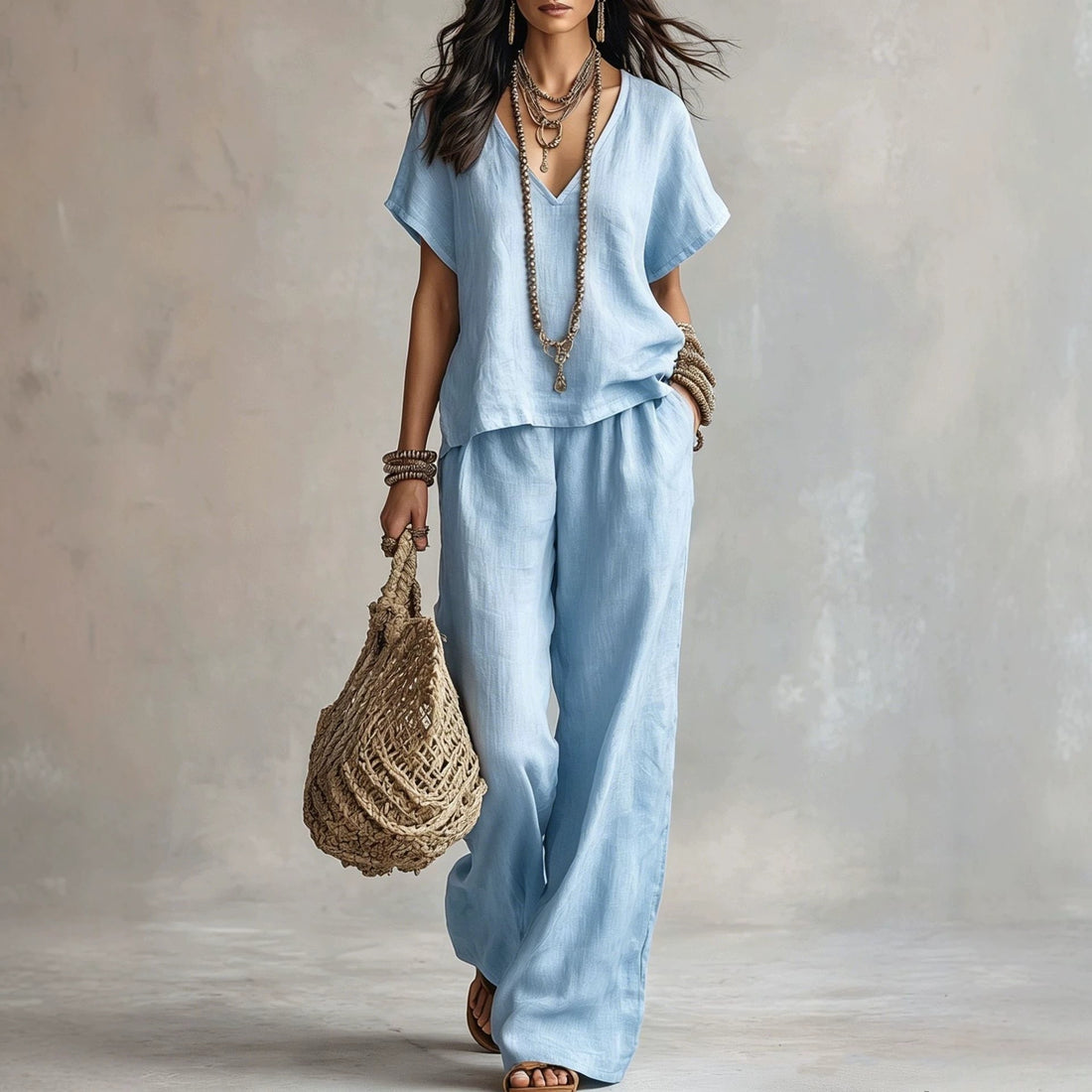 Women's Fashion Casual Solid Color V Neck Loose Short Sleeve And Casual Trousers Two Piece Set
