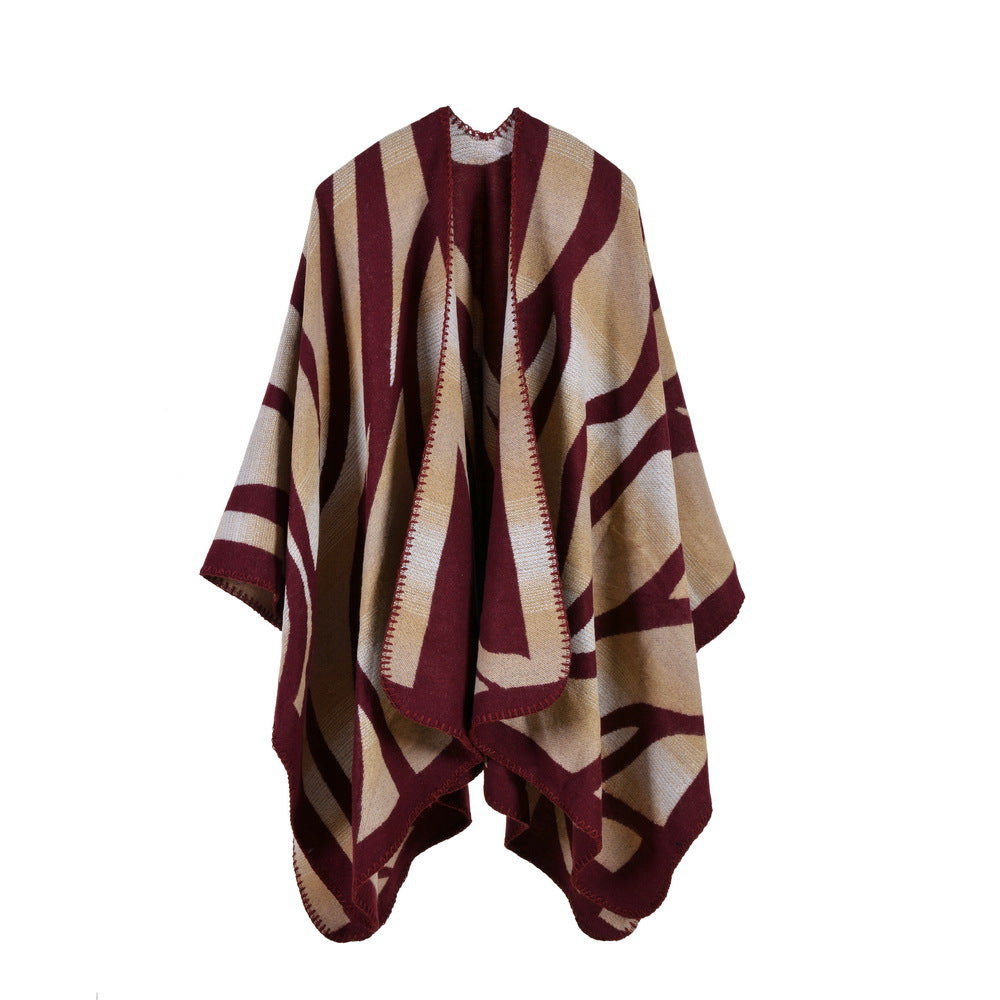 Women's Camouflage Gradient Color Faux Cashmere Split Shawl, Extended Thick Poncho Cape