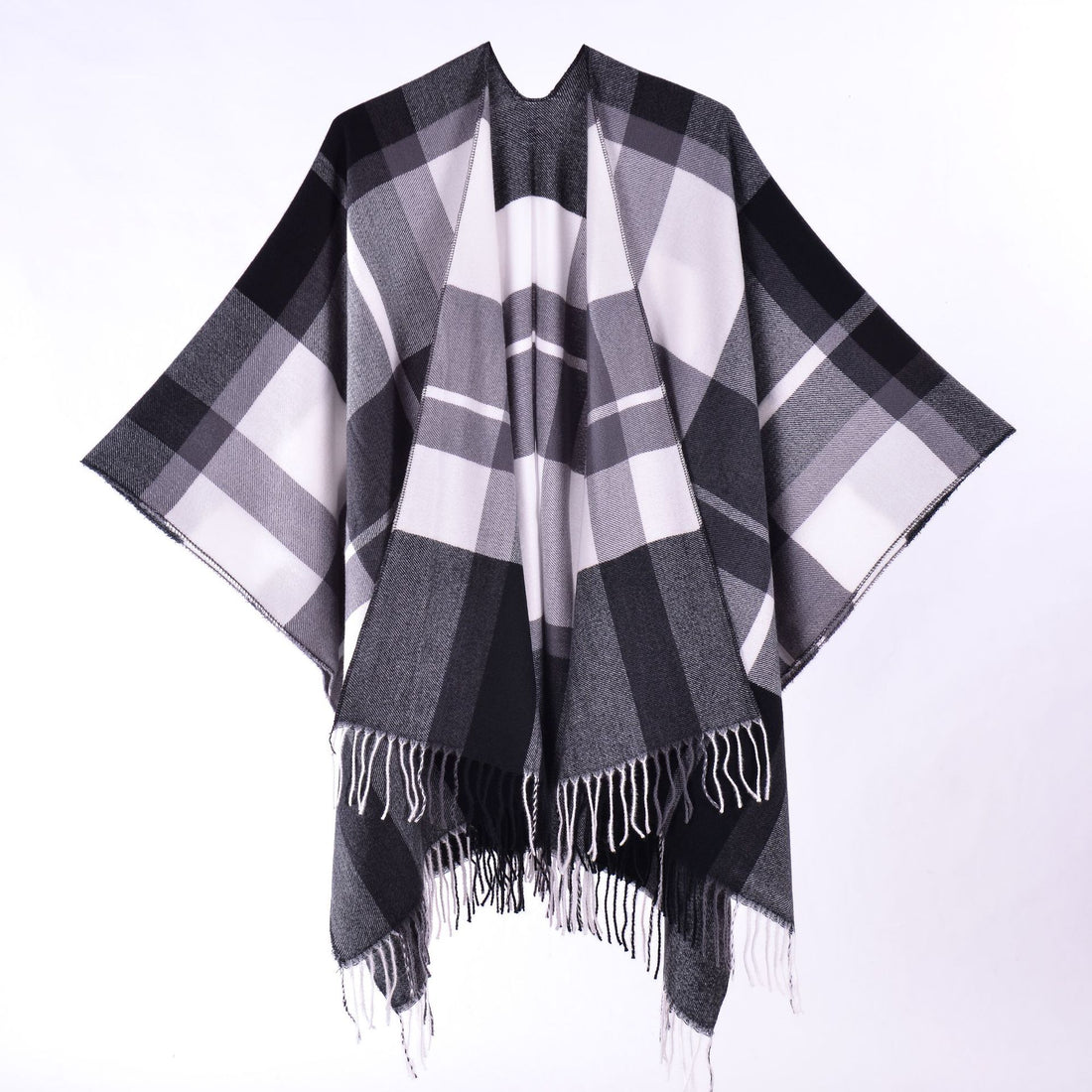 Women's & Men's Plaid Tassel Shawl, Classic Autumn Winter Split Large Poncho Cape