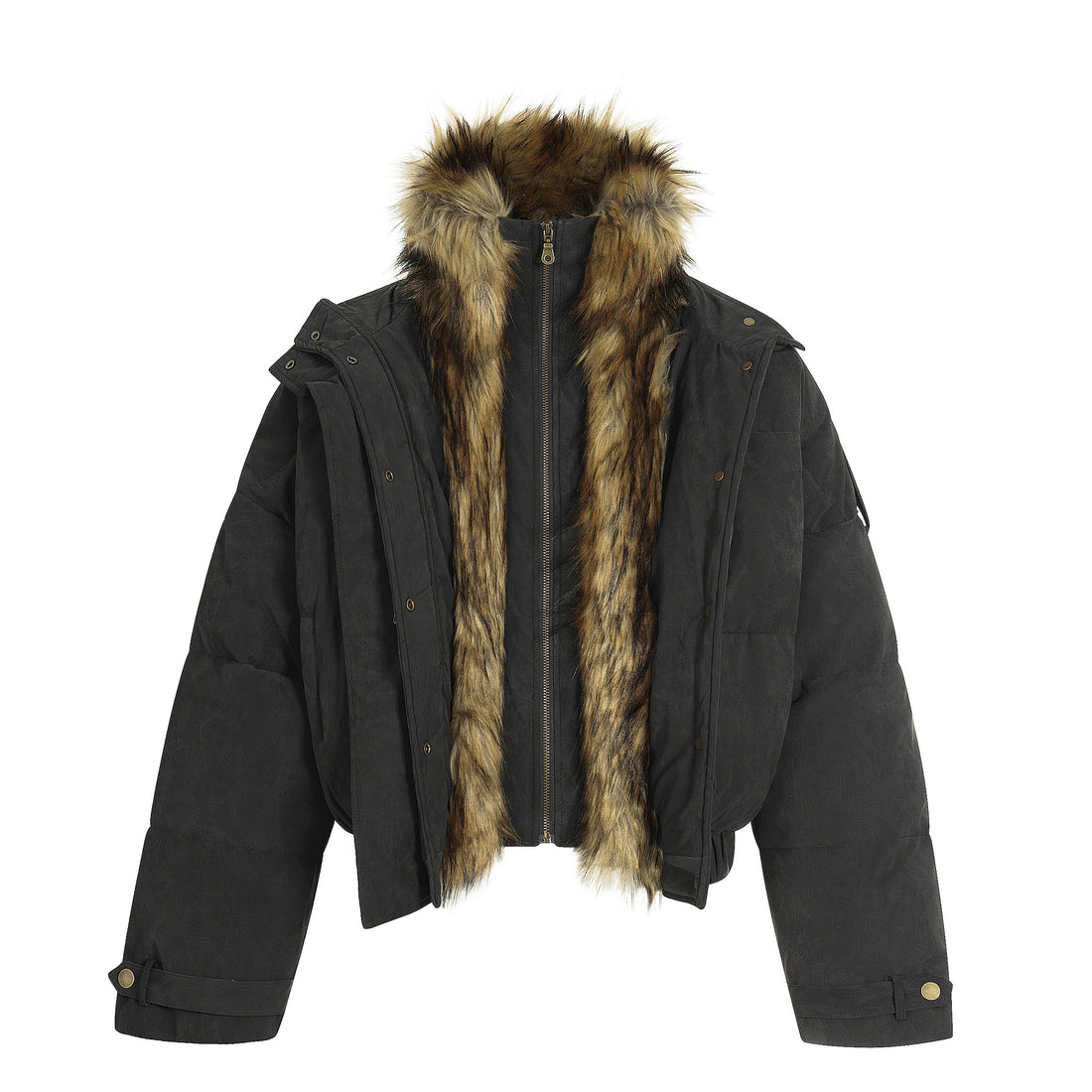 Men's Zhu Shan Diao PU Leather Jacket Puffer Jacket Fur-collar Coat Faux Two-piece Cotton