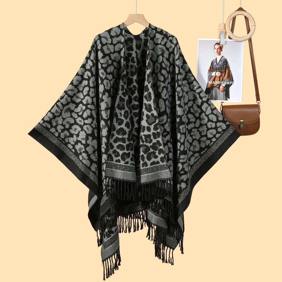 Women's Fashion Classic Leopard Print Tassel Split Shawl, Street Trendy Faux Cashmere Cardigan