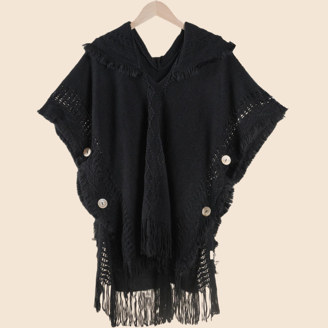 Women's Autumn Winter Knit Travel Shawl, Button Tassel Hooded Knit Shawl Top