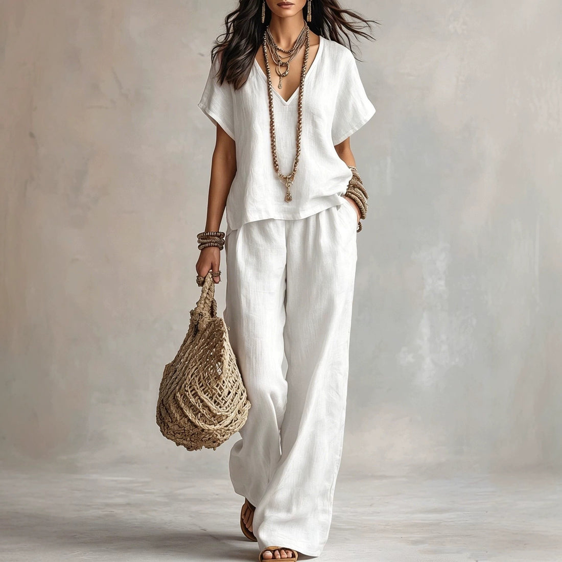 Women's Fashion Casual Solid Color V Neck Loose Short Sleeve And Casual Trousers Two Piece Set