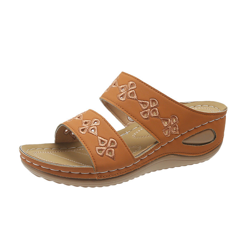 Wedge-heeled Embroidered Round-toe Open-toe Casual Womens Slippers