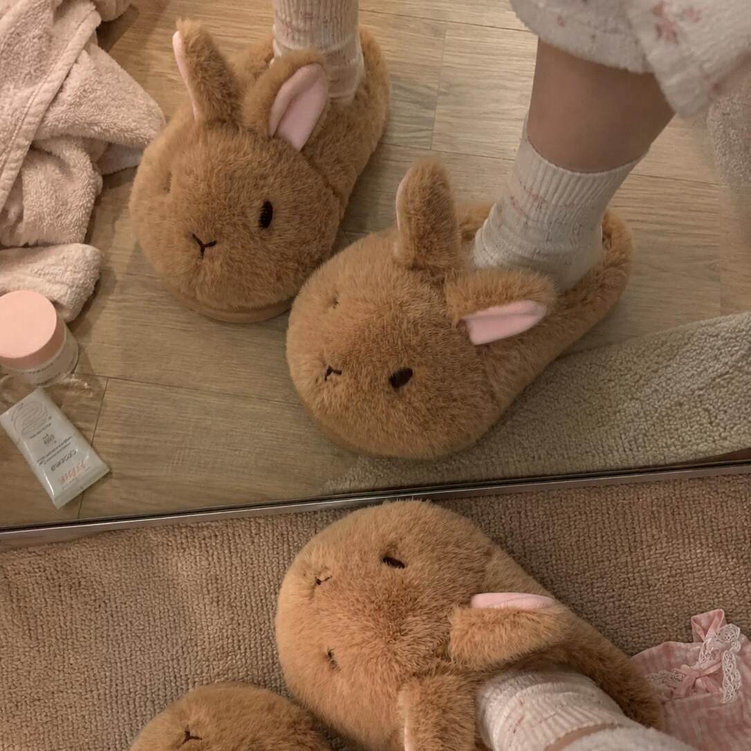 شبشب نسائي قطني مبطن ودافئ بتصميم أرنب لطيف ومنفوش