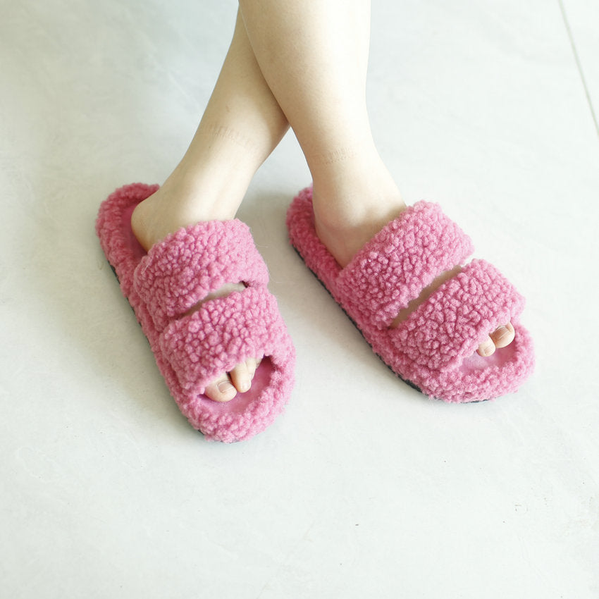 Women's Double Strap Flat Indoor House Shoes With Soft Faux Fur Lining For Winter Comfort