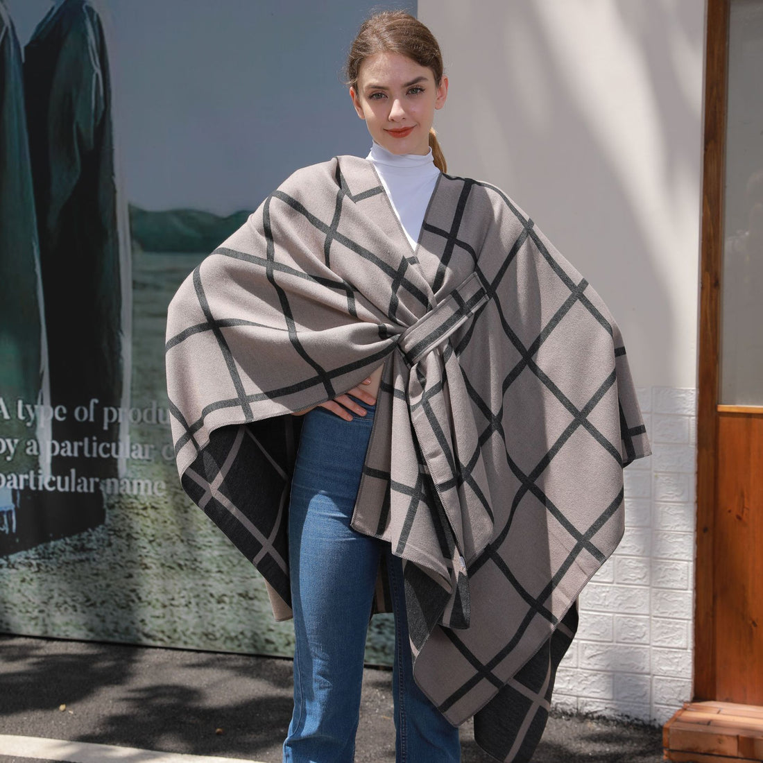 Women's Classic Plaid Belted Shawl, Warm Office Blanket Cardigan Outerwear Scarf For Autumn Winter