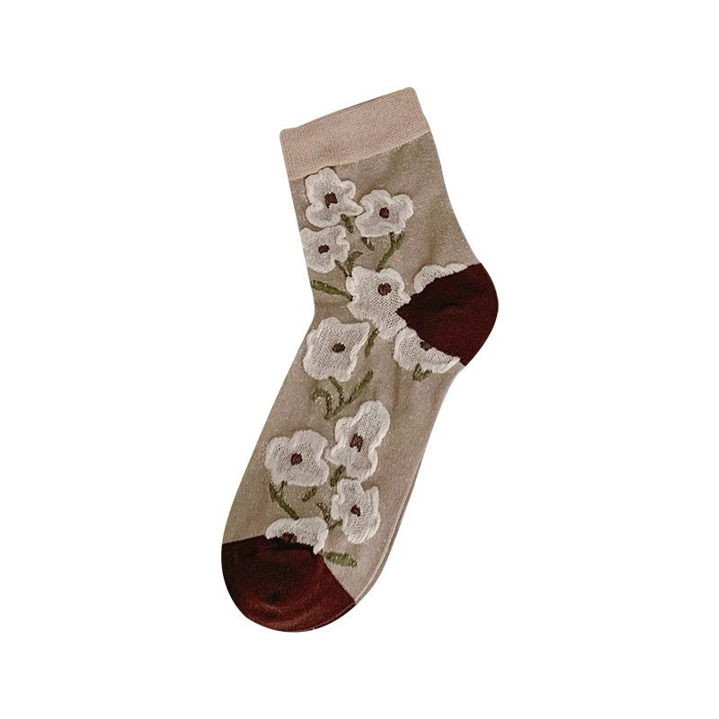 Women's 3D Floral Mid-Calf Cute Colorblock Flower Socks