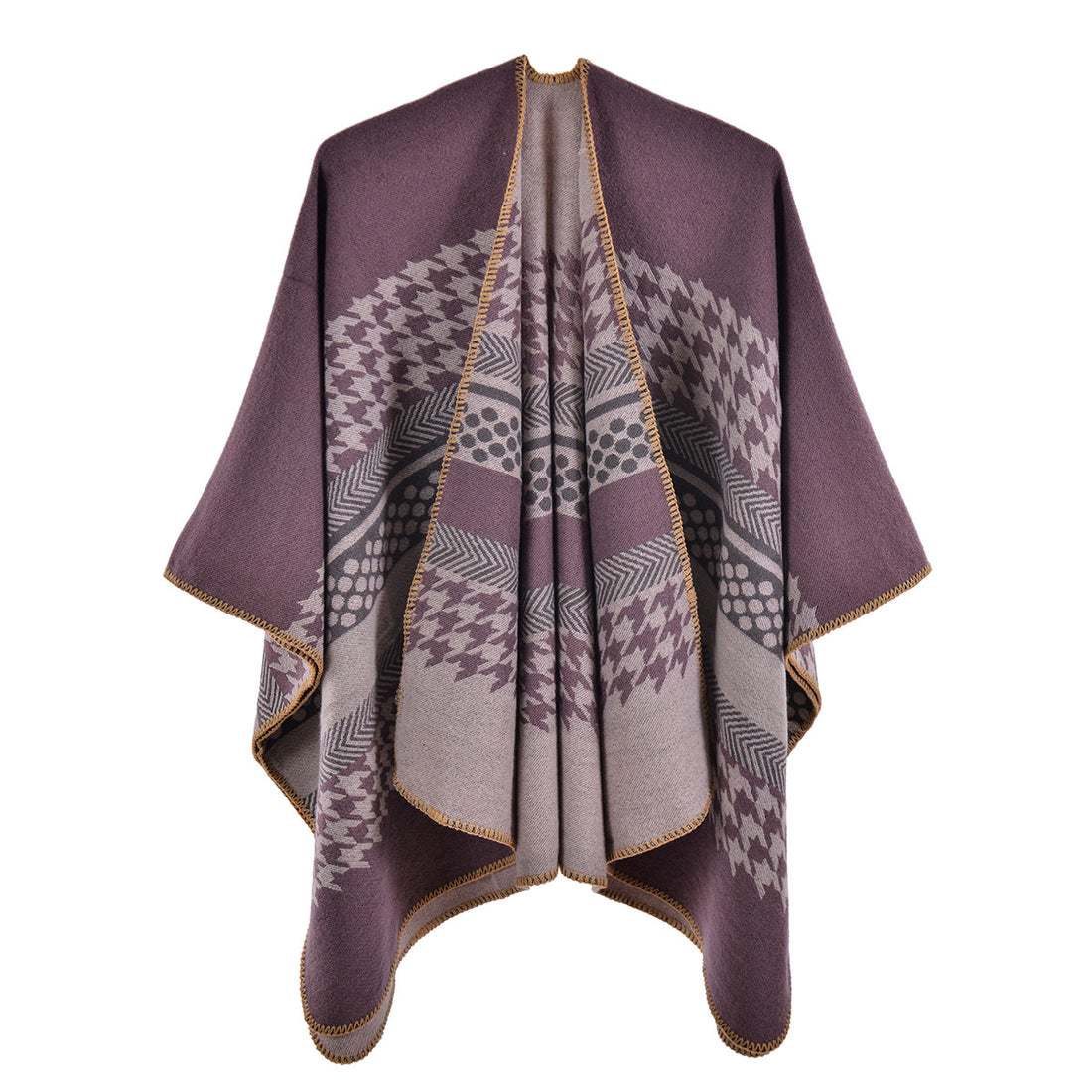 Women's Autumn Winter Vintage Faux Cashmere Shawl, Stripe Houndstooth Fashion Warm Split Poncho Scarf