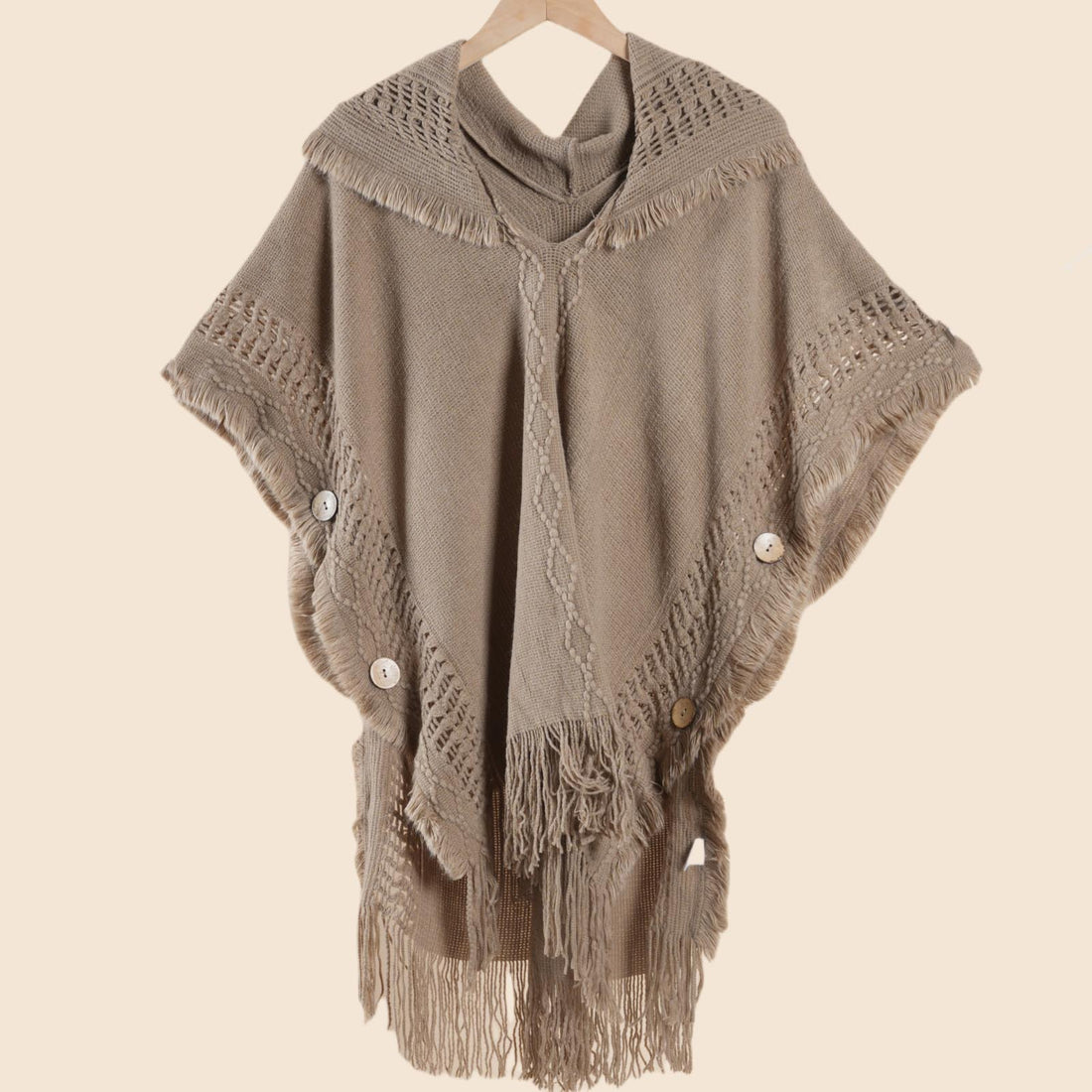 Women's Autumn Winter Knit Travel Shawl, Button Tassel Hooded Knit Shawl Top
