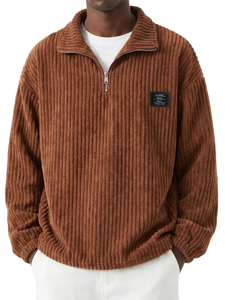 Embroidered Corduroy Long-sleeve Polo Sweatshirt