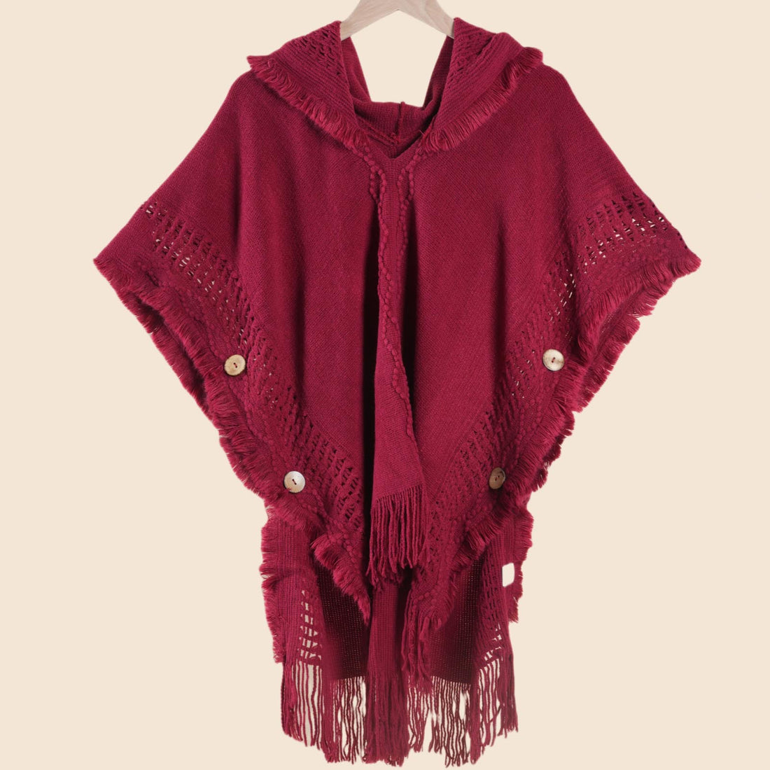 Women's Autumn Winter Knit Travel Shawl, Button Tassel Hooded Knit Shawl Top